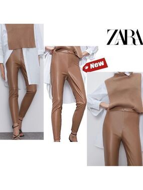 Zara camel brown faux leather vegan hi-rise leggings Sz S